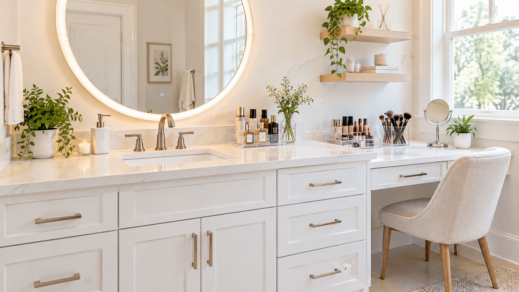 A luxurious white bathroom vanity featuring a lighted circular mirror, organized beauty products, and a dedicated makeup chair.