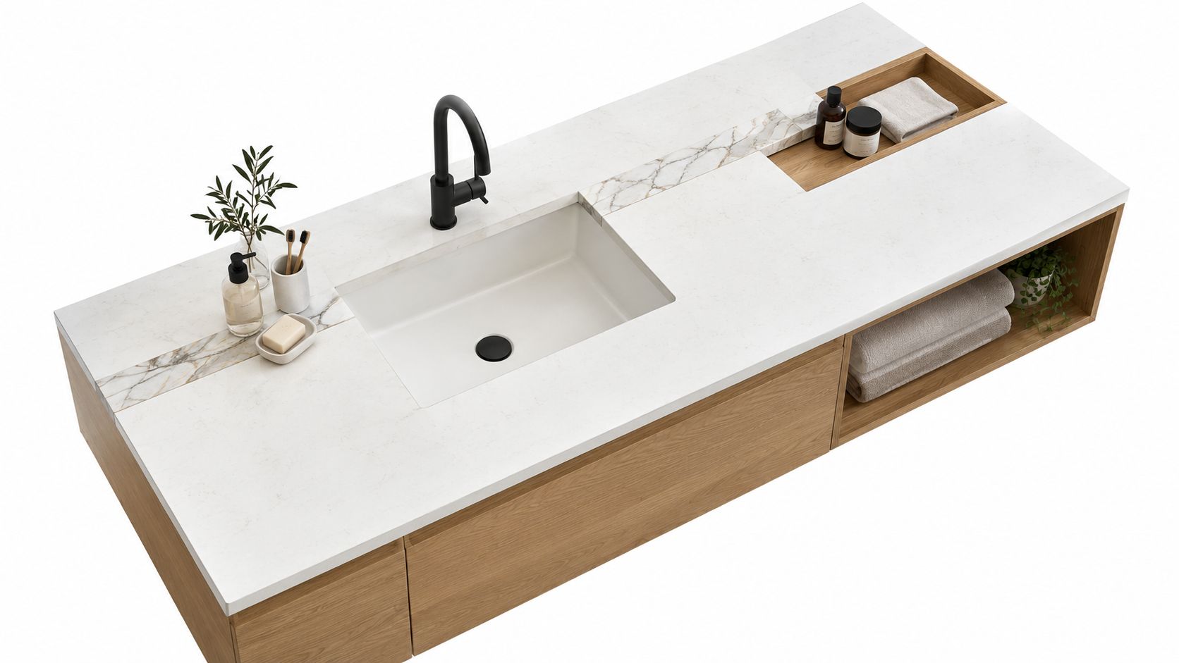 A modern bathroom vanity featuring a white quartz countertop, integrated sink, and warm oak wood storage cabinetry.