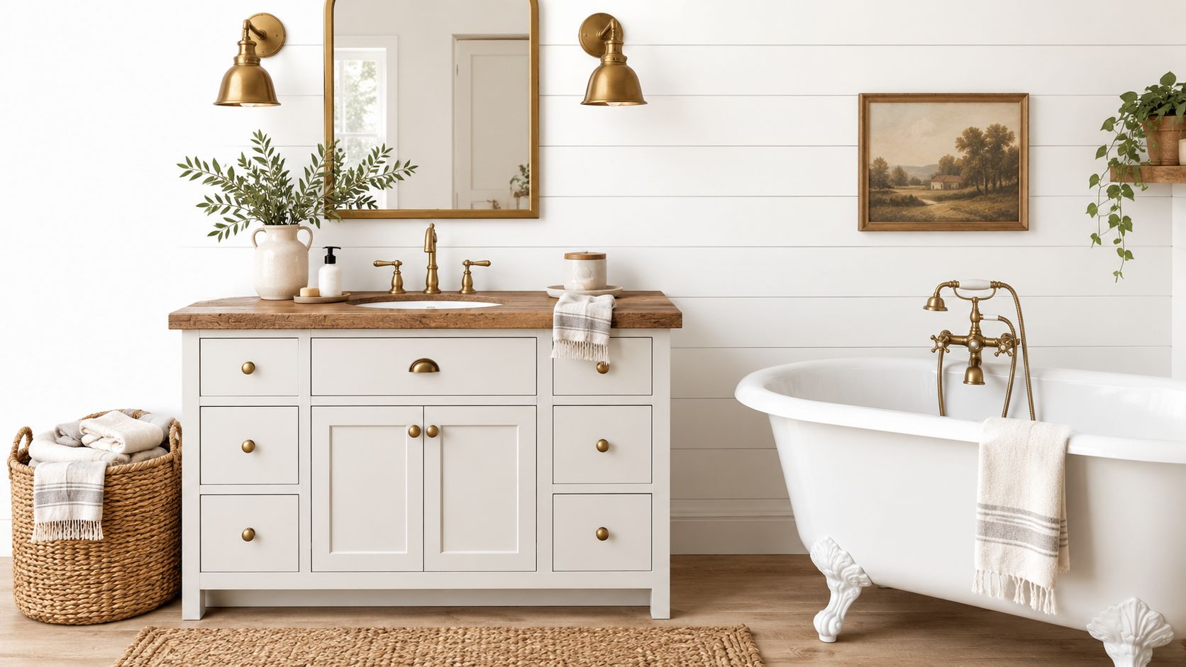 Elegant farmhouse style bathroom featuring a white vanity with brass hardware, a clawfoot tub, and shiplap walls.