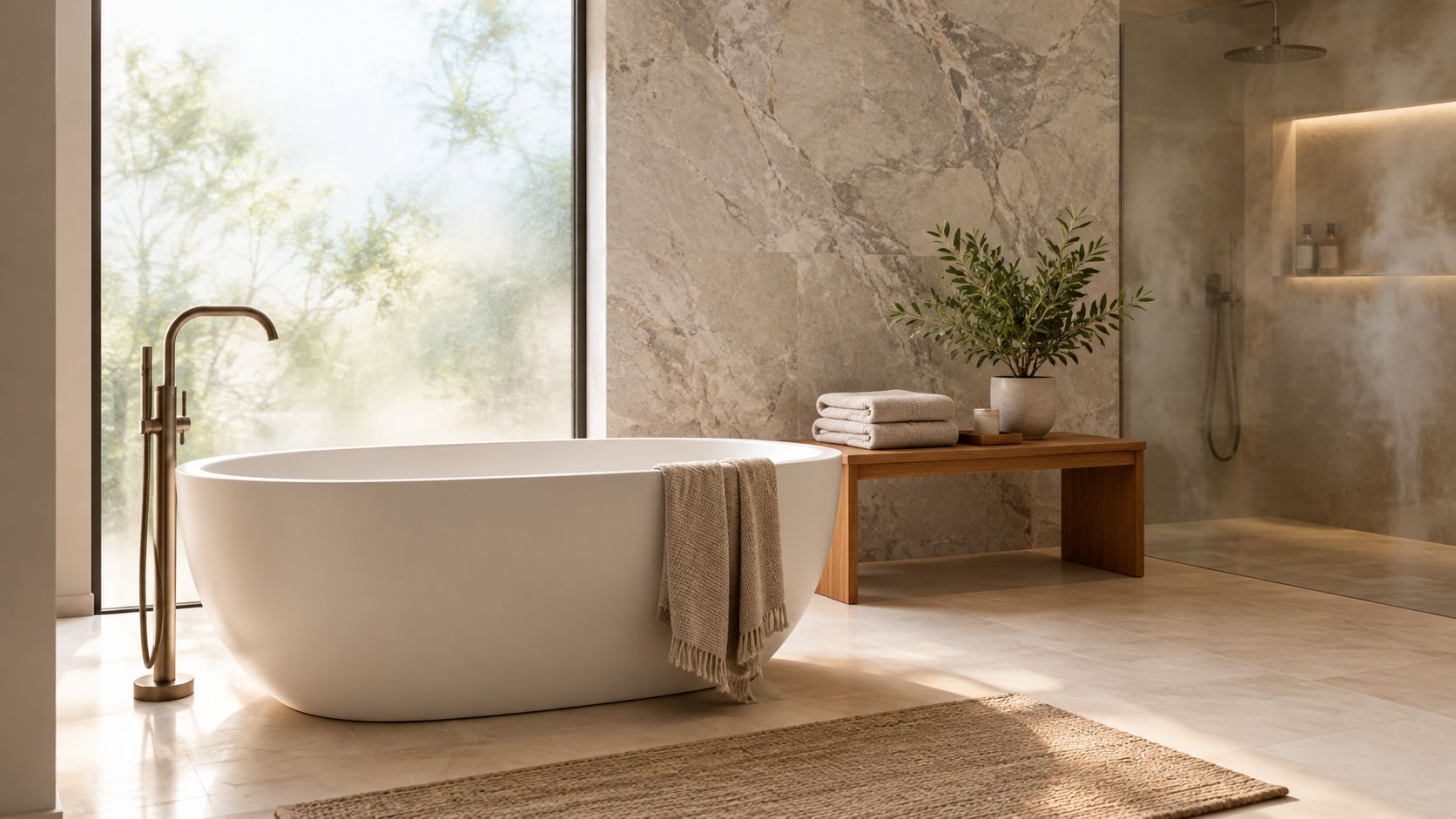 A modern spa-like bathroom featuring a freestanding white bathtub, natural stone tiles, and a wooden bench.