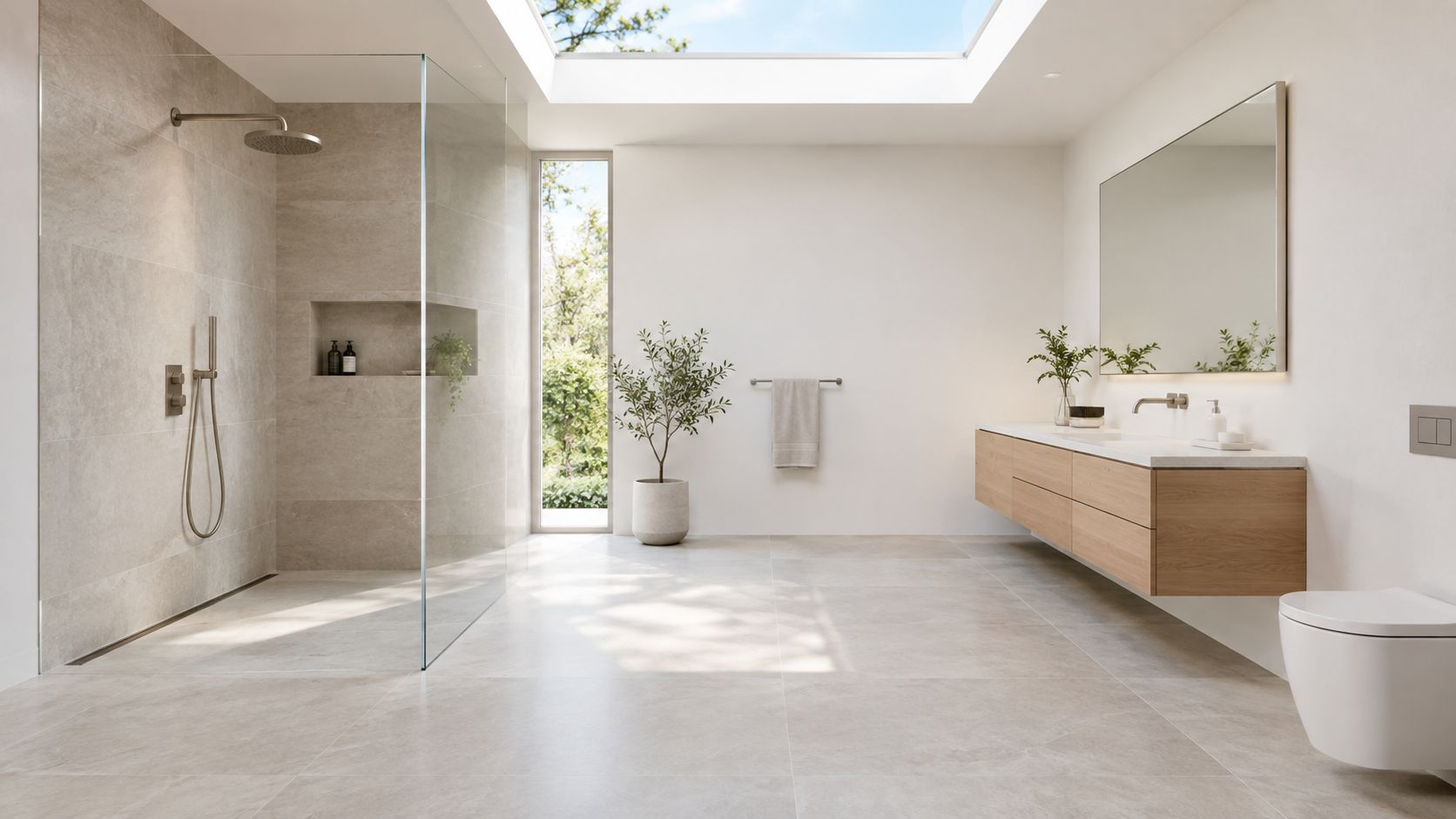 A minimalist, modern bathroom featuring a glass-enclosed walk-in shower, floating wooden vanity, and a large overhead skylight.