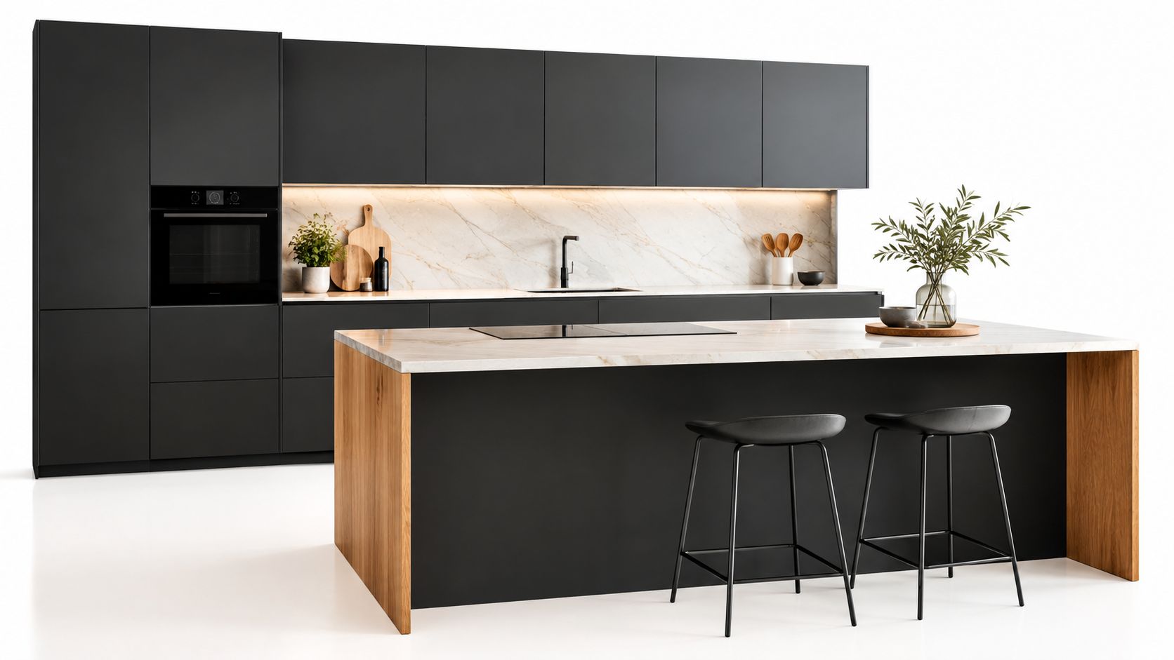 A modern kitchen with matte black cabinetry, a white marble countertop island, and wood accent details.