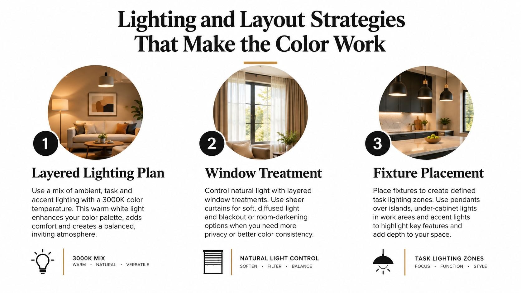 An infographic detailing three strategies for effective lighting and window treatments in modern interior design.