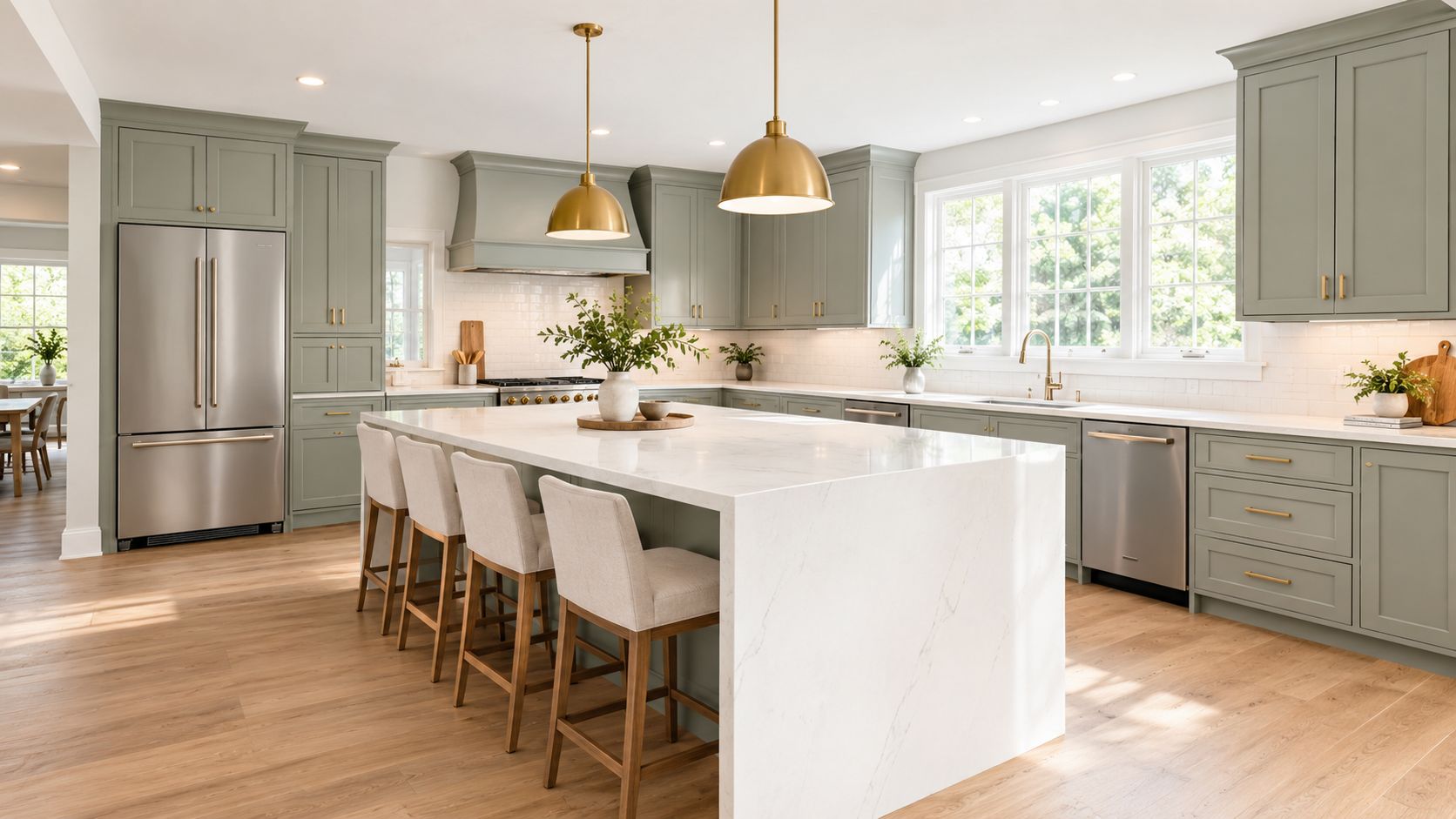 A modern, well-lit kitchen featuring sage green cabinets, a large marble-topped island with stools, and stainless steel appliances.