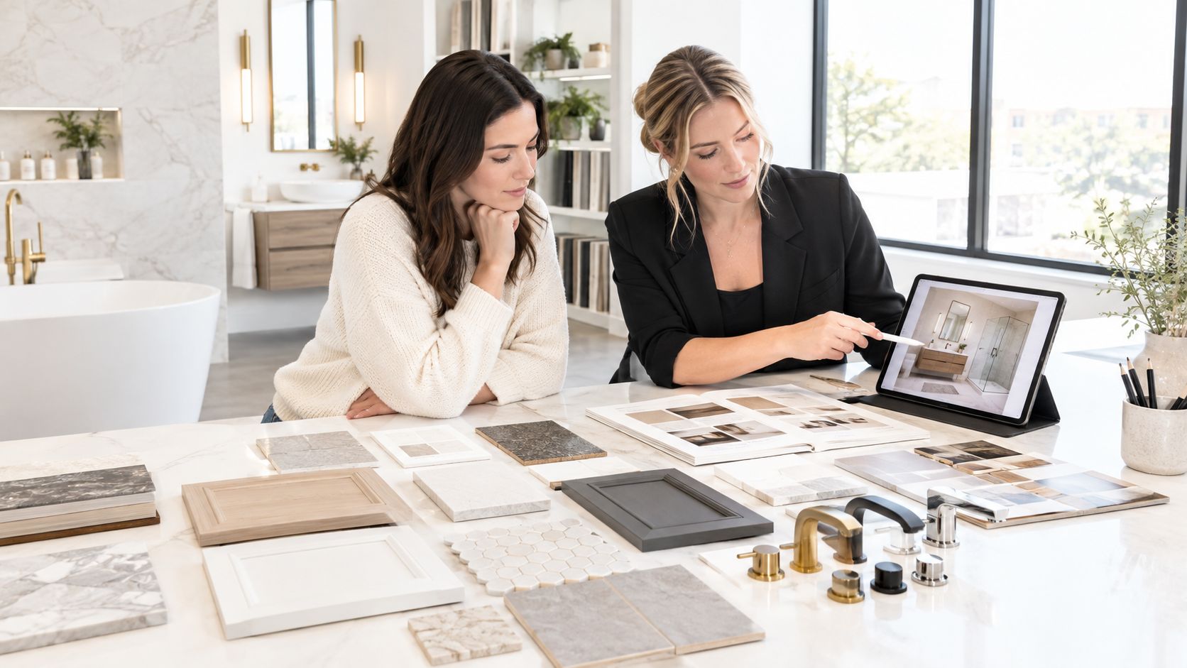 A professional interior designer consults with a client about bathroom renovation samples and digital design plans.