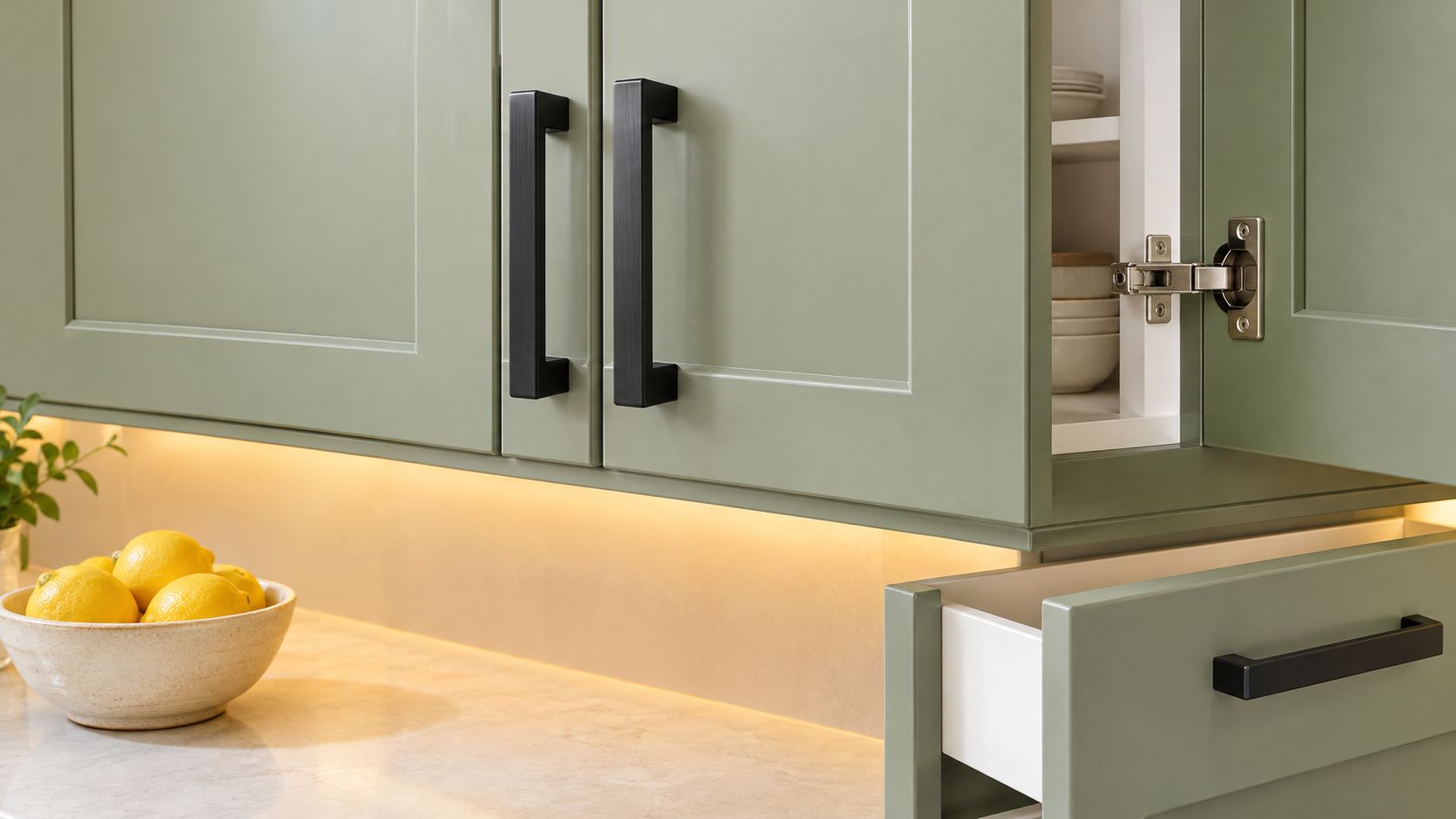 Close up of sage green modern kitchen cabinets with matte black handles and under cabinet LED lighting.