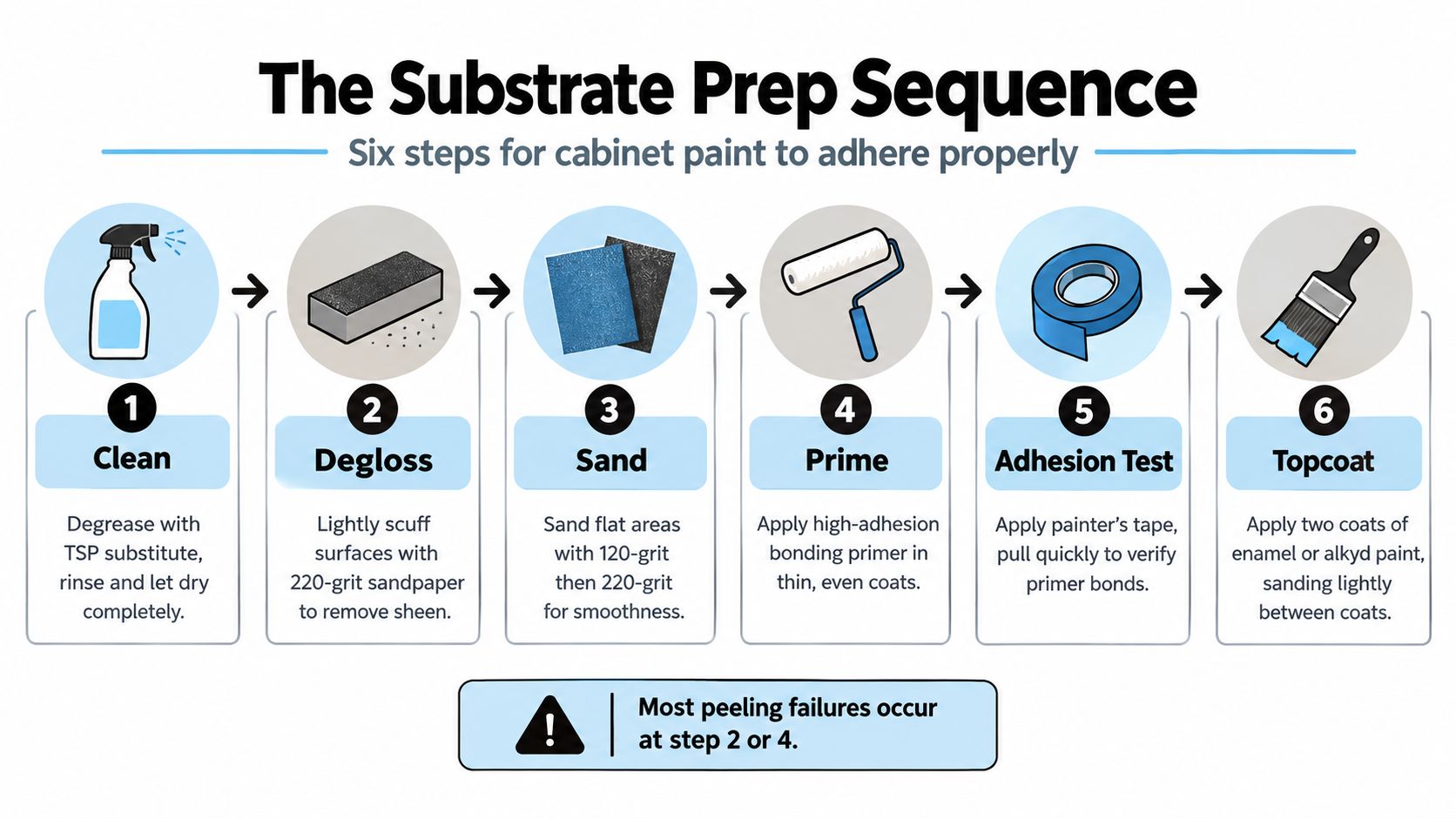 An infographic detailing the six-step process for preparing cabinet substrates before painting to ensure proper paint adhesion.
