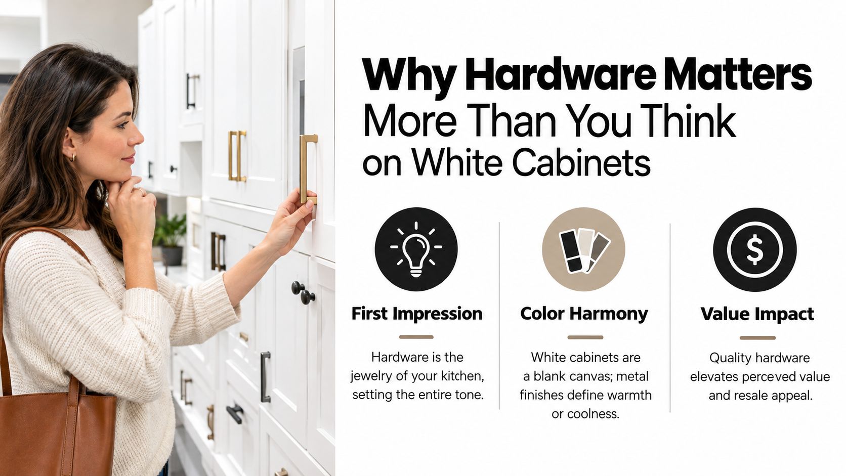 A woman evaluating gold cabinet hardware on white kitchen cabinets, illustrating the importance of detail.