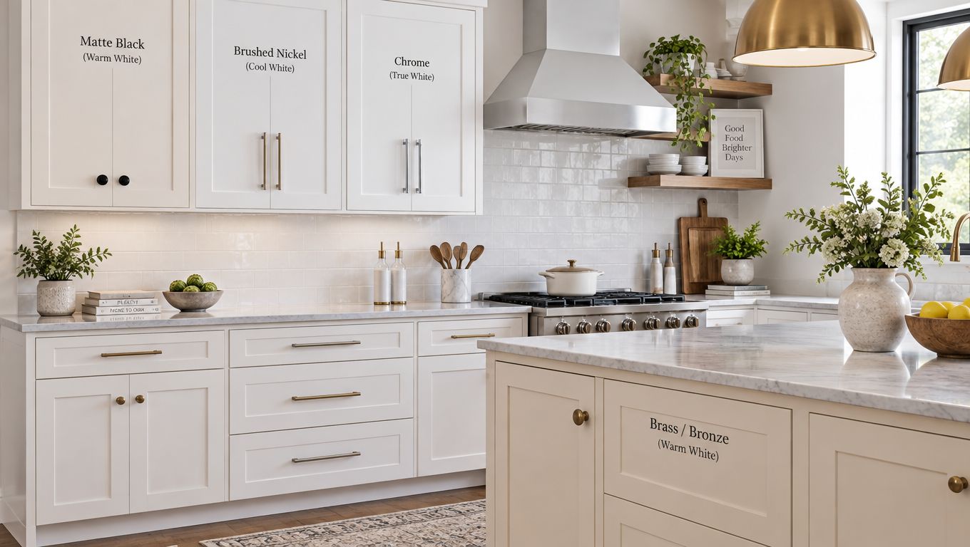 A modern white kitchen featuring various cabinet hardware finishes, including matte black, brushed nickel, chrome, and brass handles.
