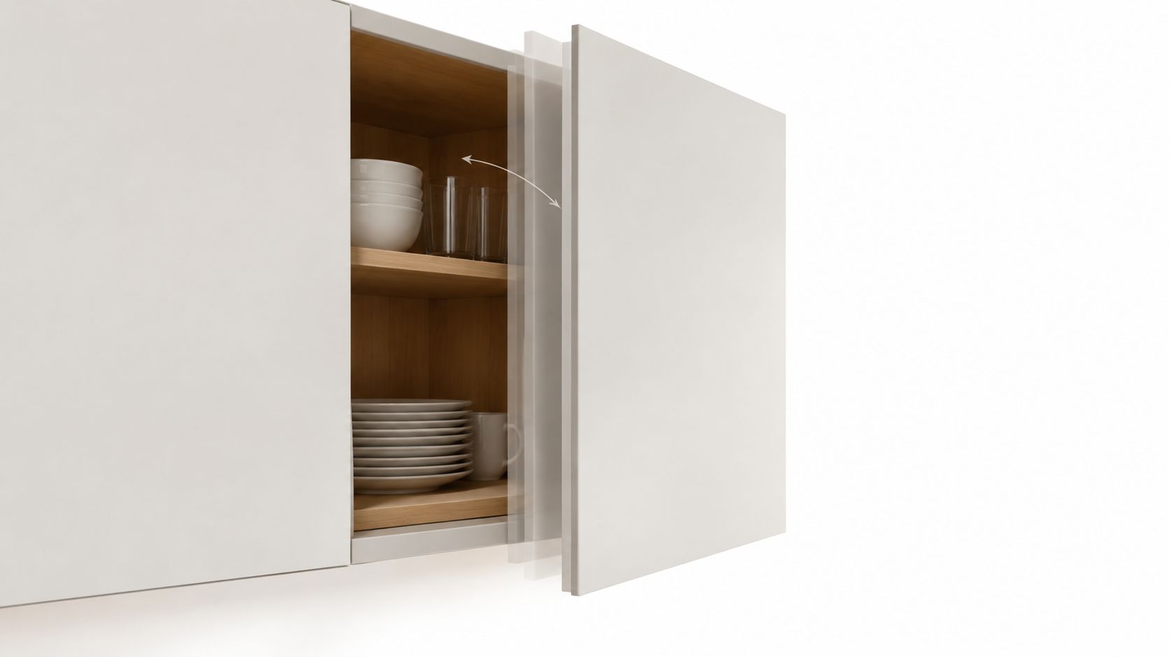 A close-up view showing the motion of a modern kitchen cabinet door with a special hinge mechanism.