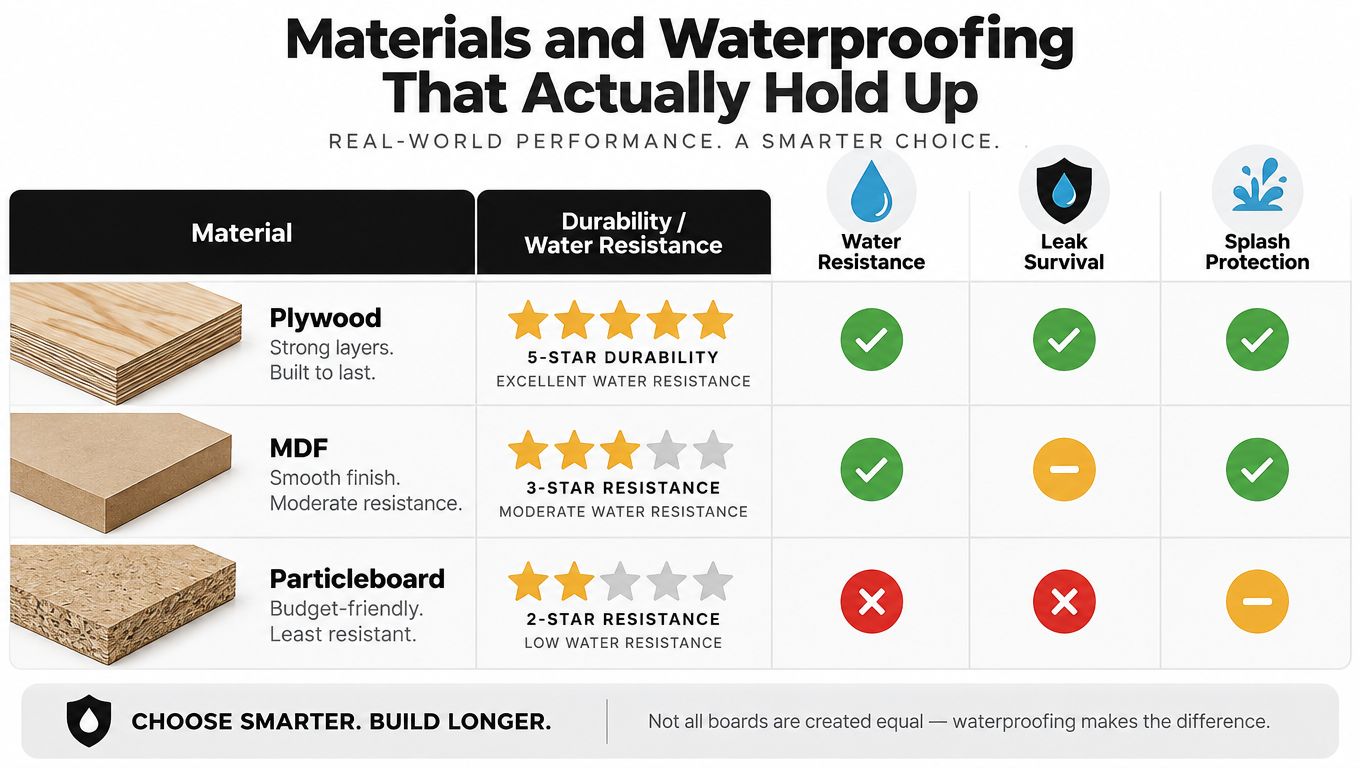 A comparison chart showing water resistance and durability ratings for plywood, MDF, and particleboard materials for construction.