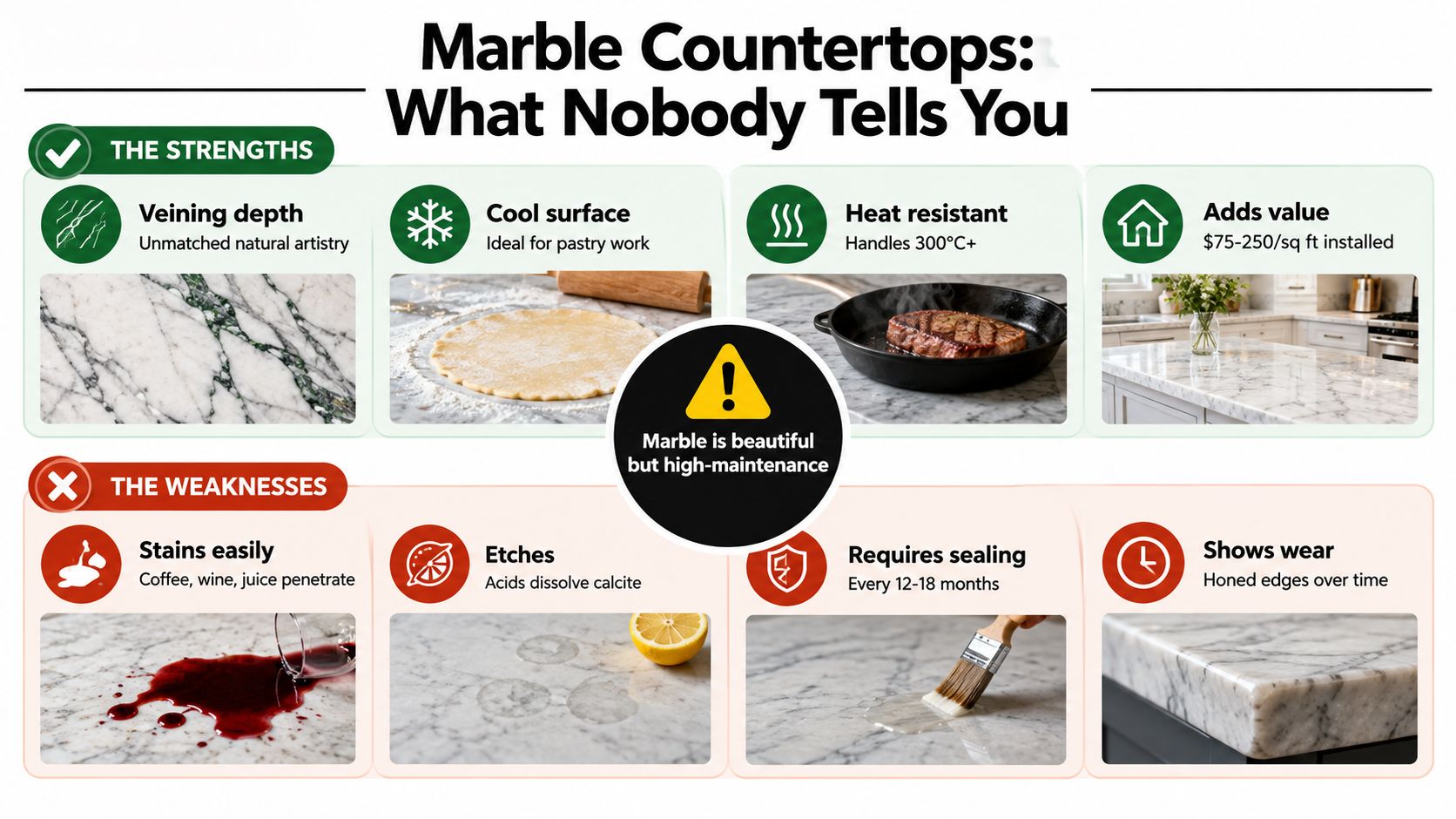 An infographic highlighting the pros and cons of using natural marble for kitchen countertops.