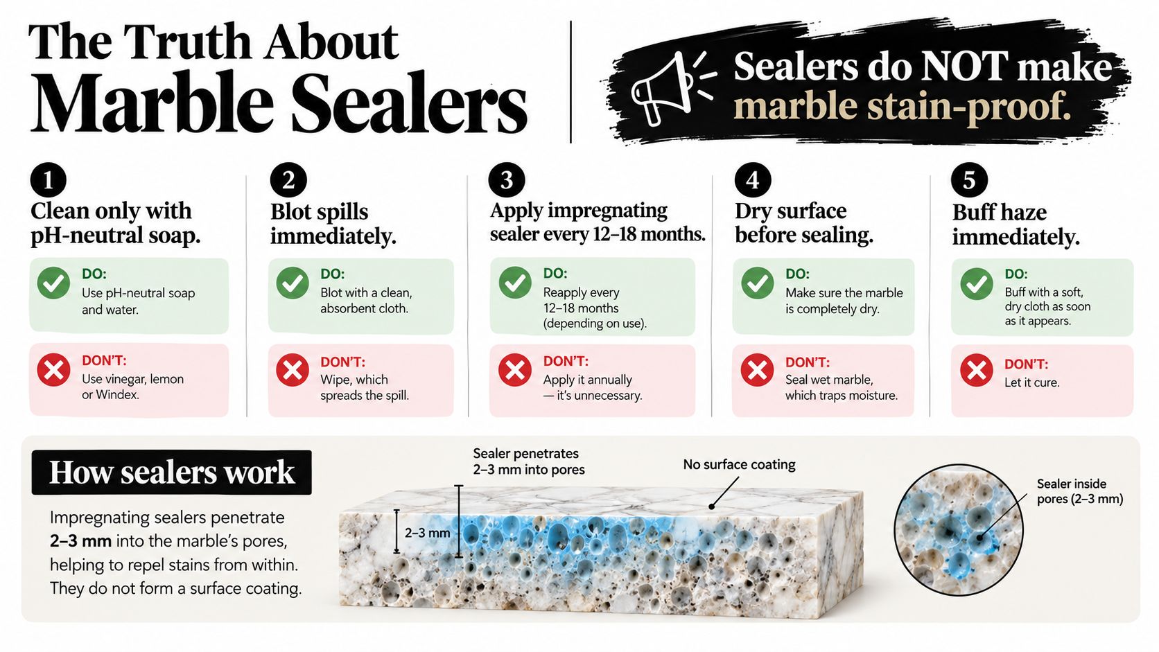 An infographic titled The Truth About Marble Sealers showing five maintenance steps and how sealers work.