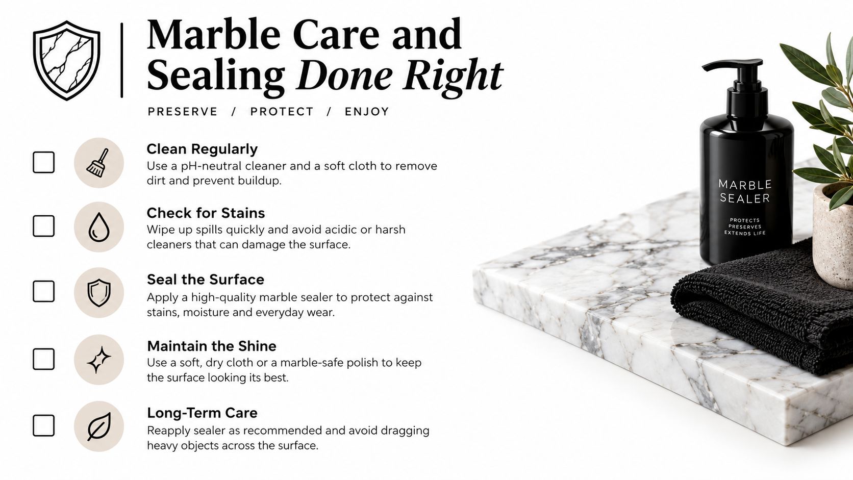 A professional guide for marble care and sealing with a bottle of sealer on a marble slab.