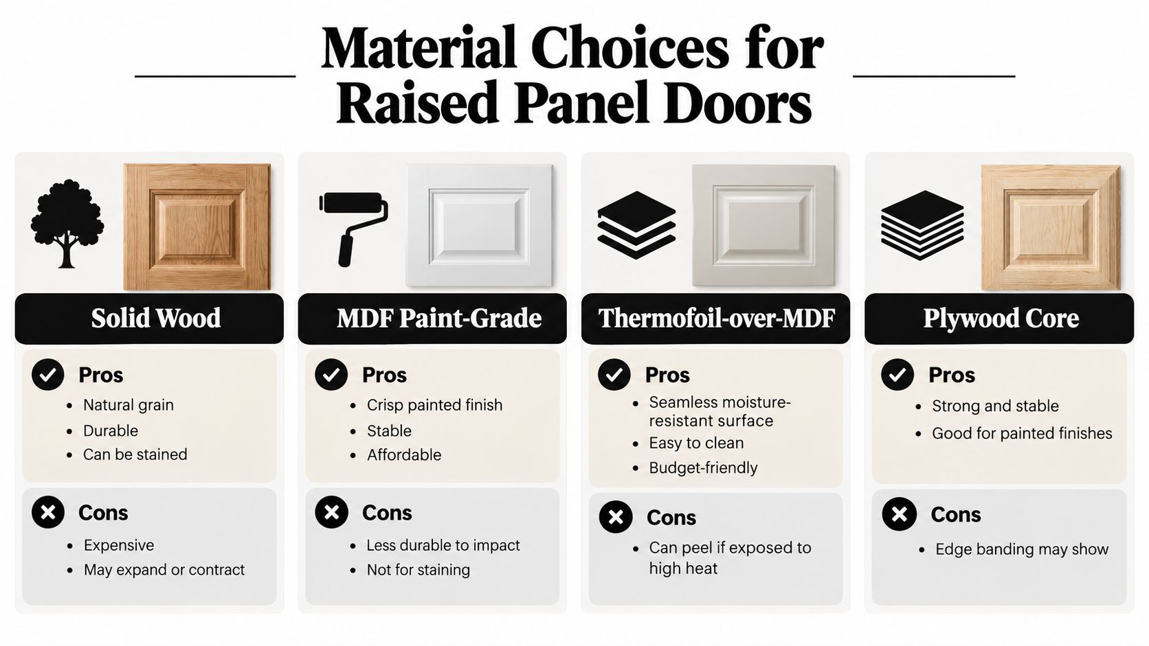 A comparison chart outlining the pros and cons of four different materials used for raised panel cabinet doors.