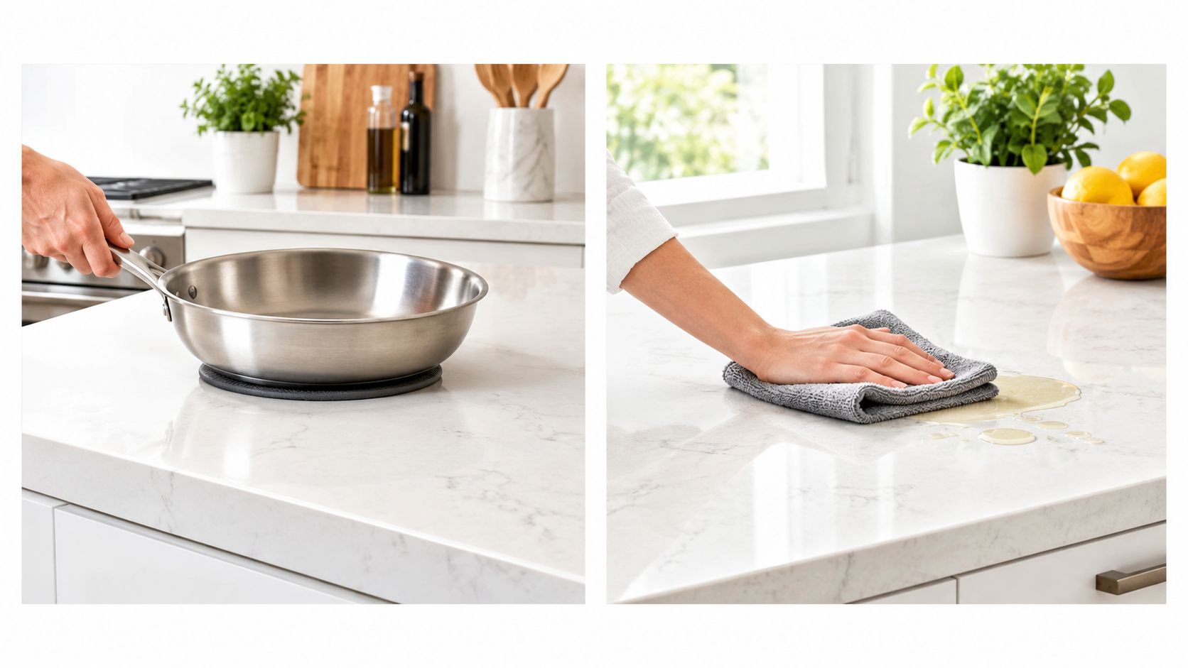 A dual view of a hand placing a pan on a white marble countertop and wiping up a spill.
