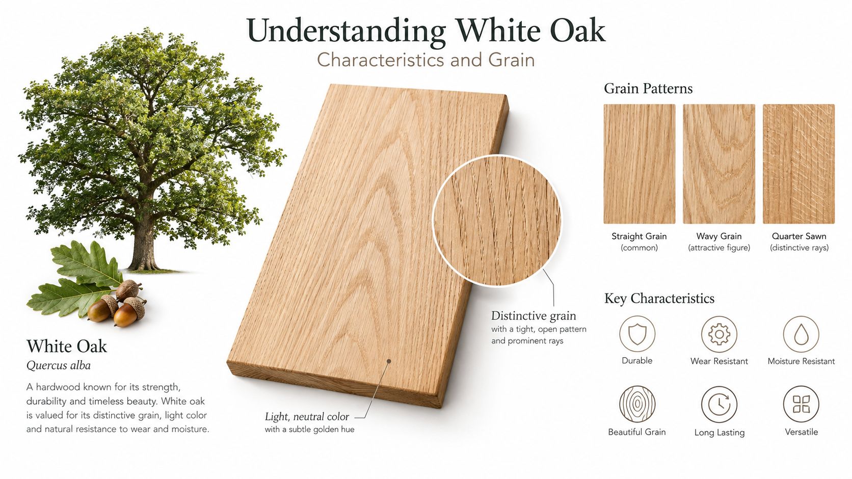 An educational infographic showing a White Oak tree, wood board, grain patterns, and key characteristics of white oak.